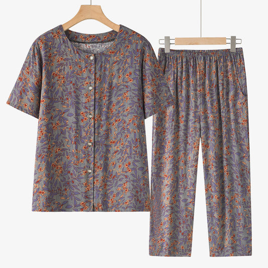 Grandma Summer Short Sleeve Suit Cotton Silk Women