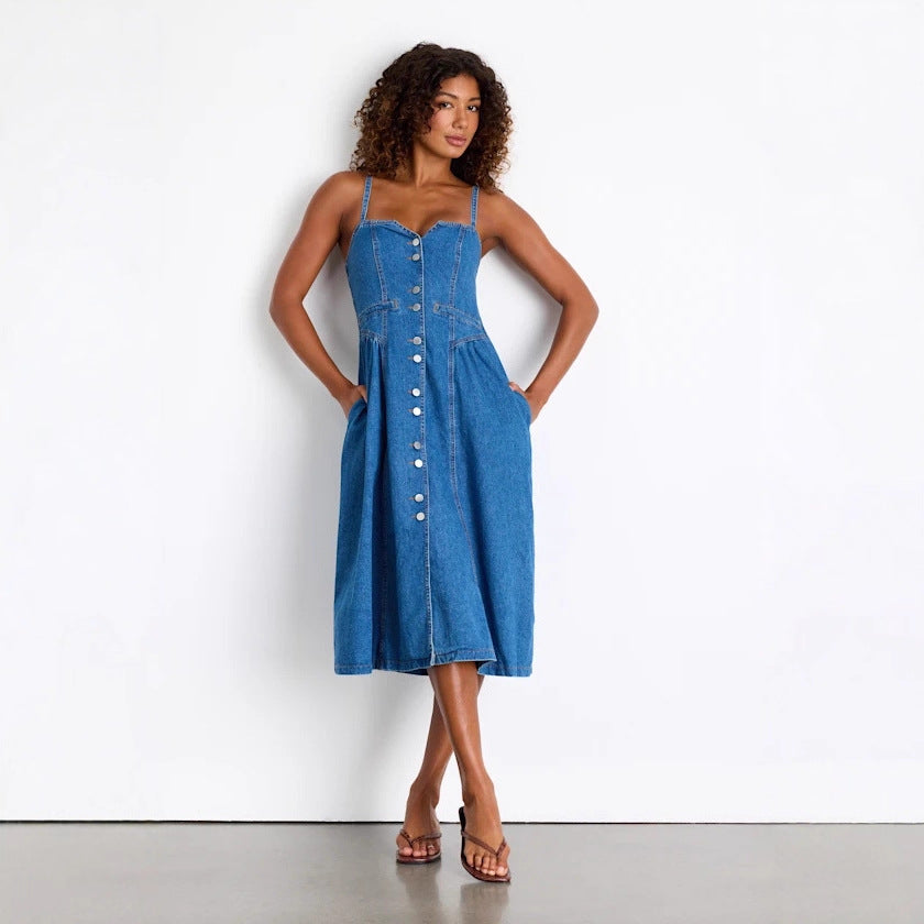 Retro V-neck Cardigan Denim Slip Dress Womens Clothing