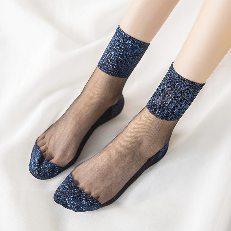 Spring And Summer Ultra-thin Women's Cotton Base Black Silk Transparent Mid-calf Socks