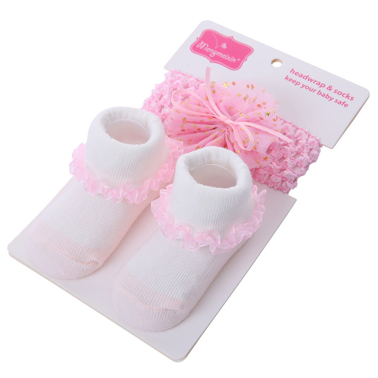 Solid Color Bow Lace Baby Socks Headband Set