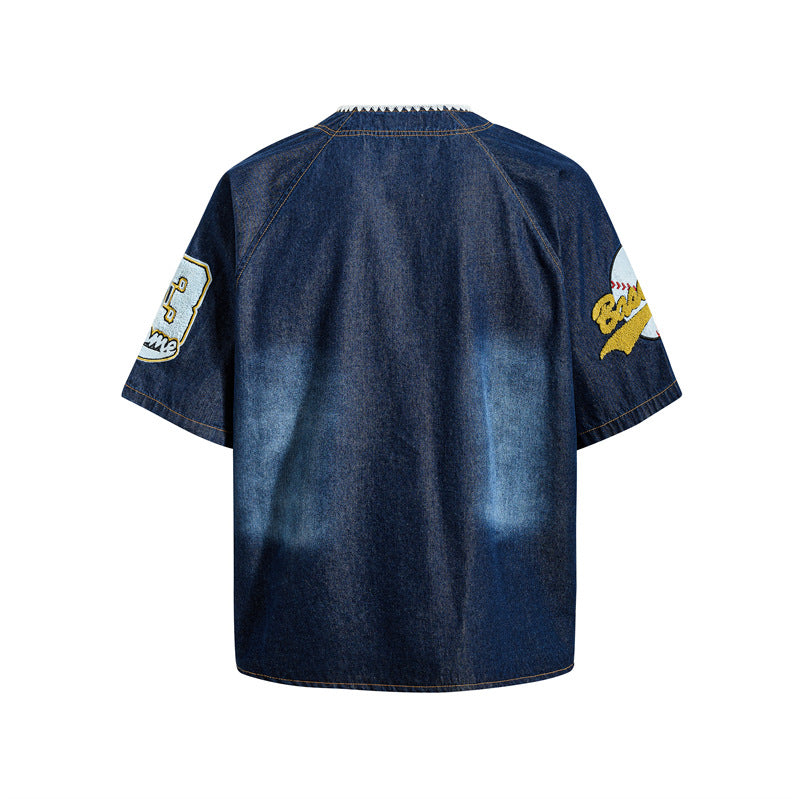 American-style Vintage Flocked Embroidery Denim Baseball Shirt