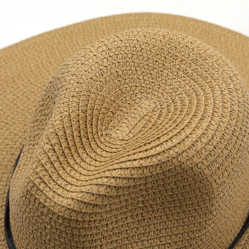 Paper Woven Panama Straw Hat Windproof Rope Flat Big Brim Sunscreen Beach