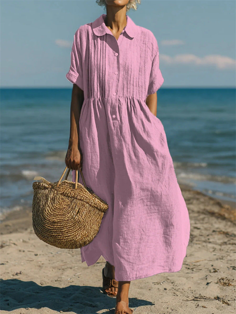 Notch-collar Button-front Pleated Short-sleeve Cotton-linen Dress