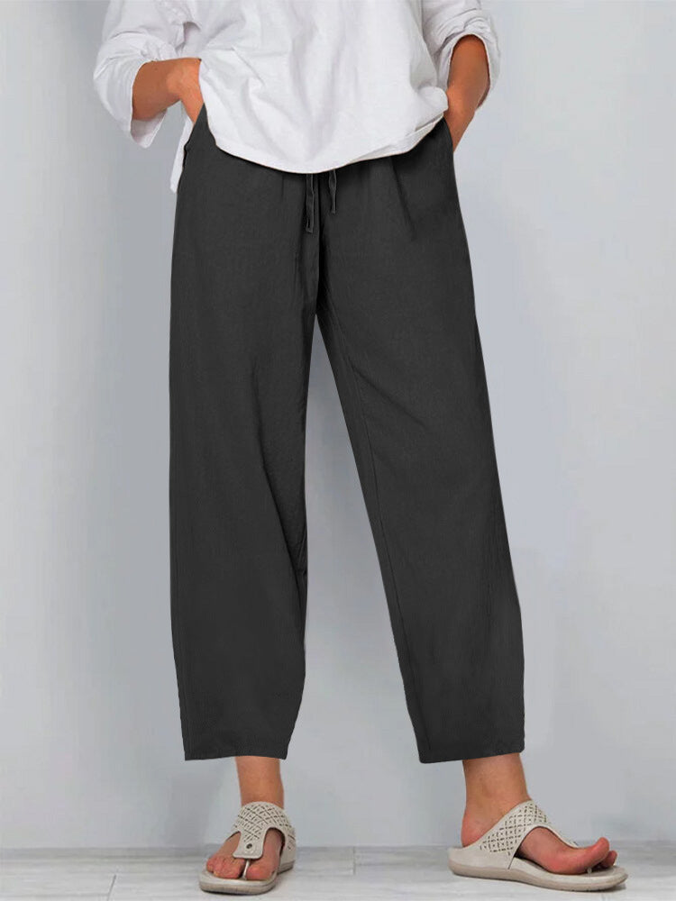 Elastic Waist Solid Color Cotton And Linen Wide Leg Casual Trousers