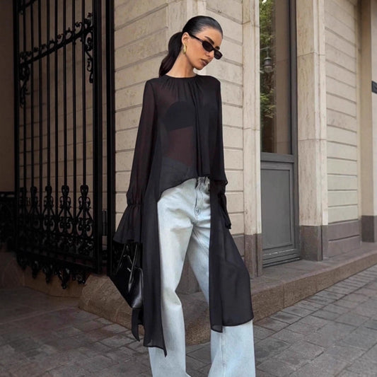 Mørk Chiffon Top Løs Lang Dametøj