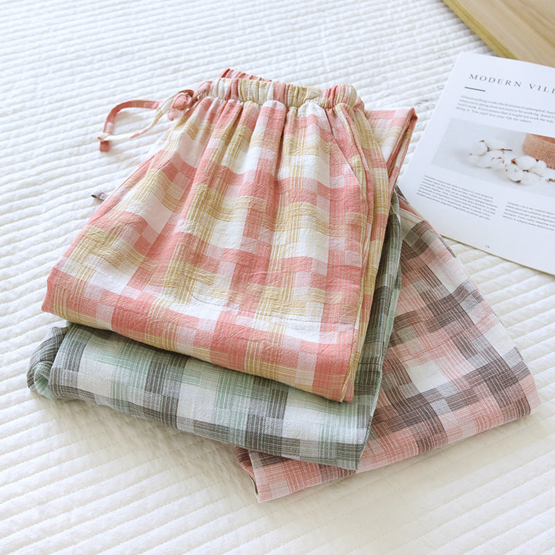 Women's Fashion Casual Cotton Plaid Gauze Trousers