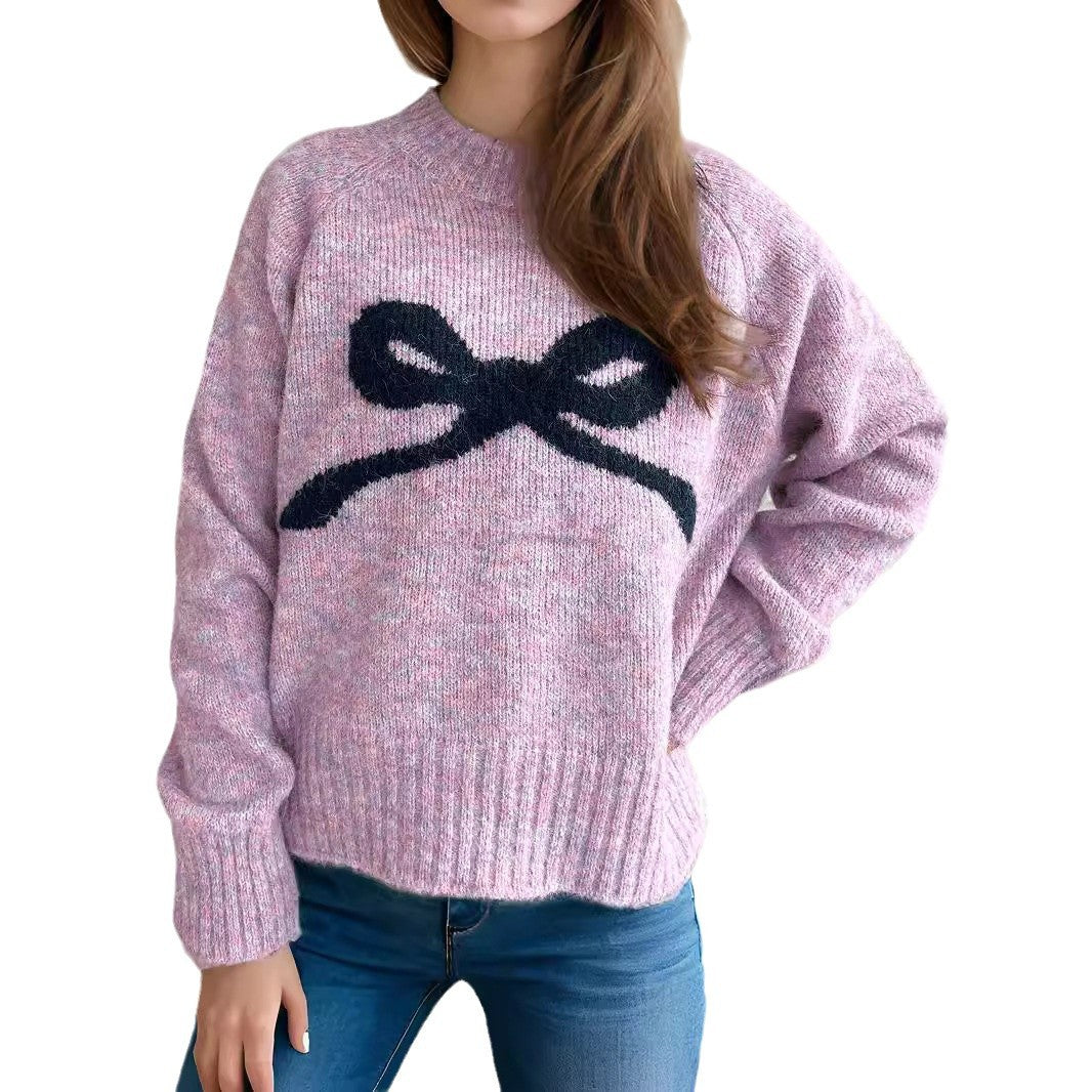 Women's RoundNeck Knitted Sweater With Bow Tie Outerwear Top