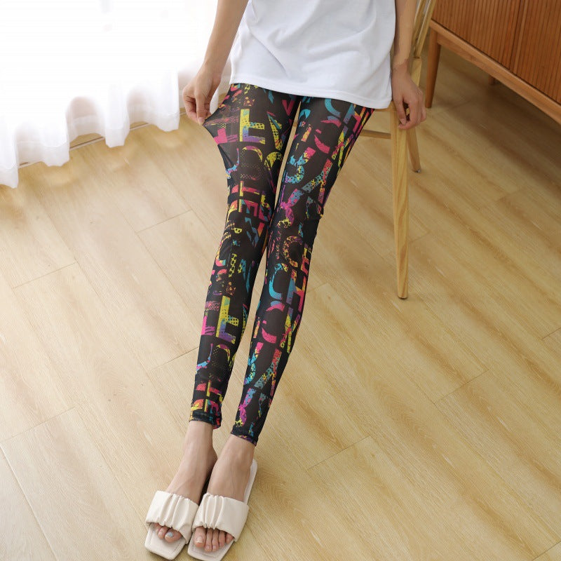 New Sexy Women's Pants Summer Mesh Leggings Elastic Ultra-thin Transparent Skinny Pants Striped Flowers