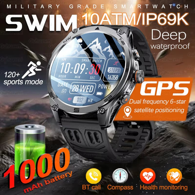 1.75''AMOLED Screen Smart Watch Men 10ATM Waterproof Compass GPS Smartwatch Bluetooth Call 1000Mah Large Battery Sports Bracelet