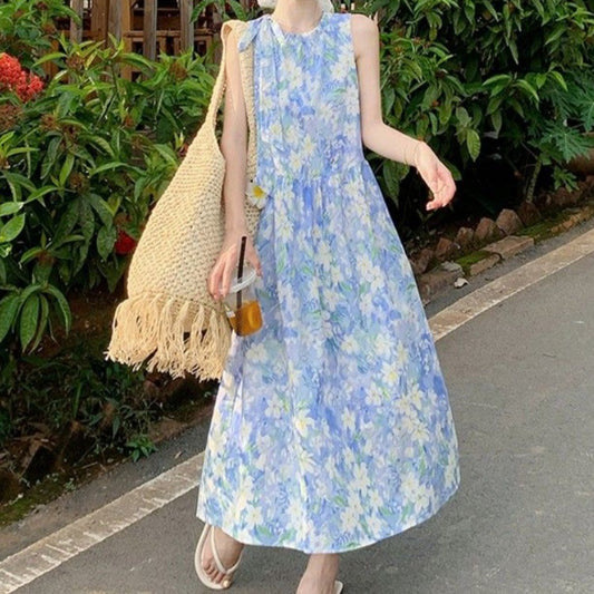 Beach Vacation Strappy Blue Floral Tank Dress