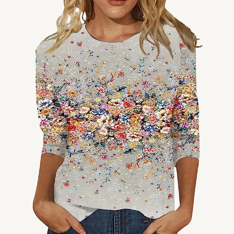 Europæisk og amerikansk blomsterprintet langærmet T-shirt med rund hals