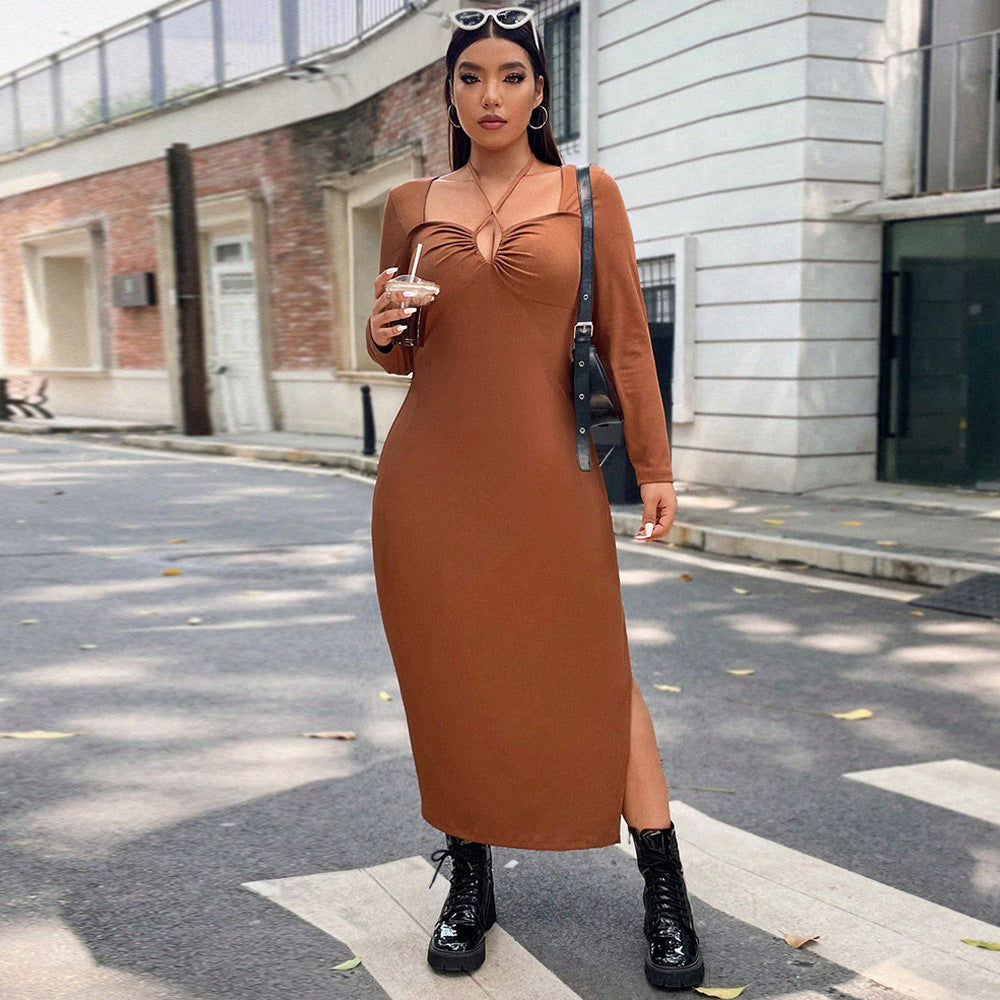 European And American-style Caramel-colored Halter Dress For Women