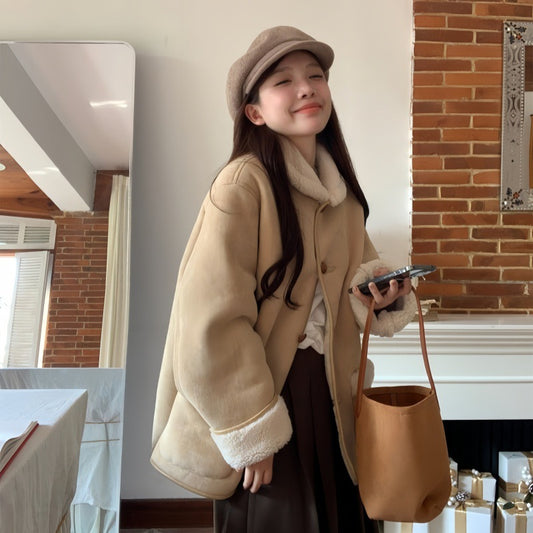 Suede-effect Wool Coat With Dropped Shoulders For Women