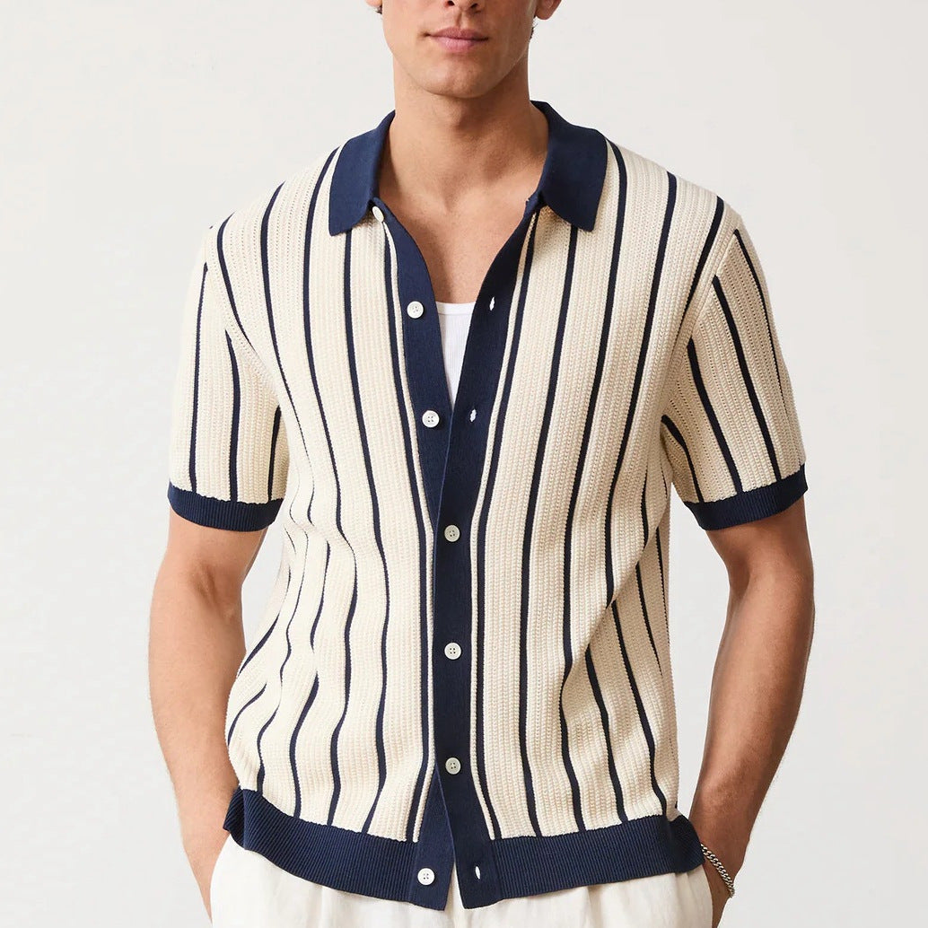 Men's Solid Color Short Sleeve Lapel Knitted