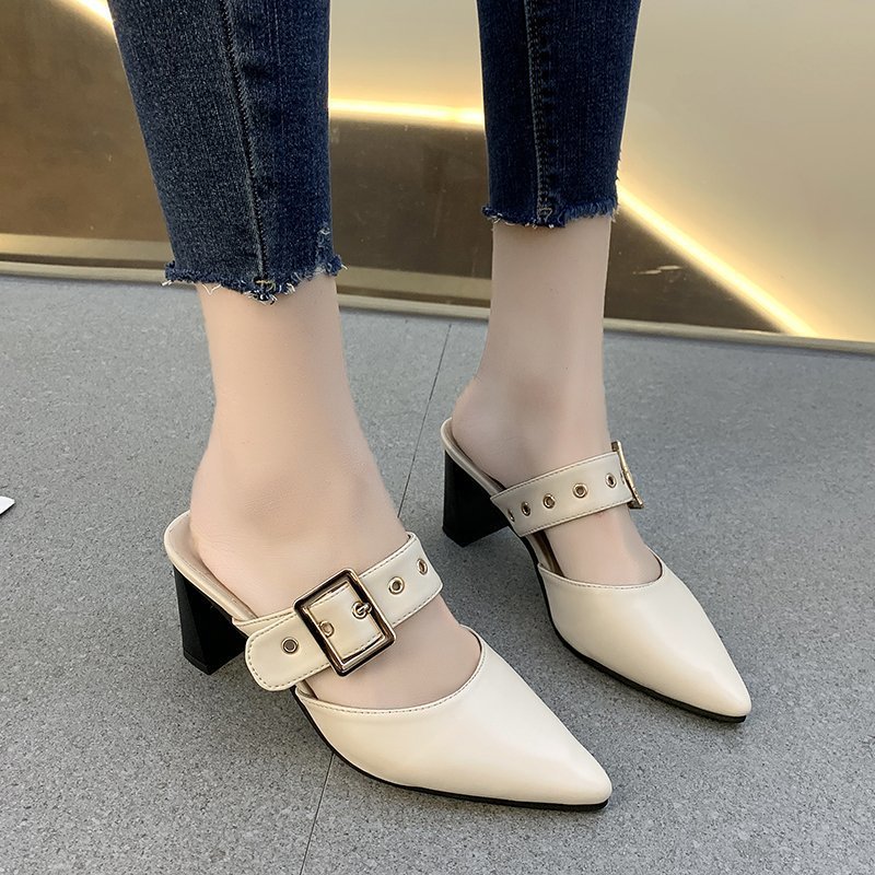 New Fashion Belt Buckle Pointed Thick Heel Mid Heel Muller Sandals And Slippers