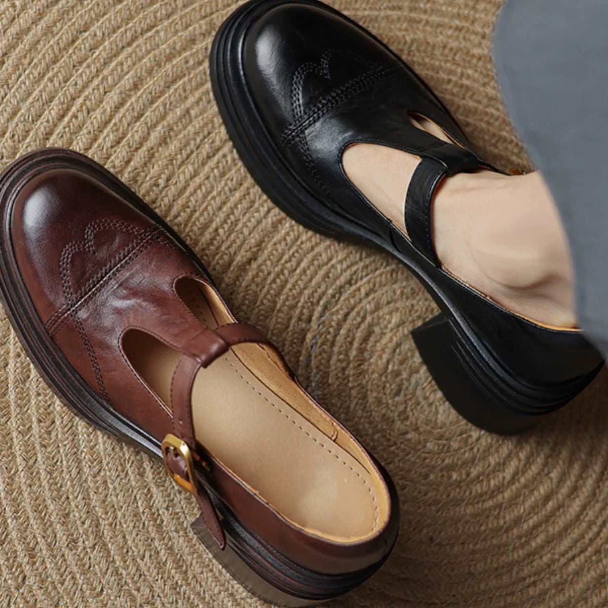 Soft Leather Shoes Female Chunky Heel Platform Mary Jane Shoes