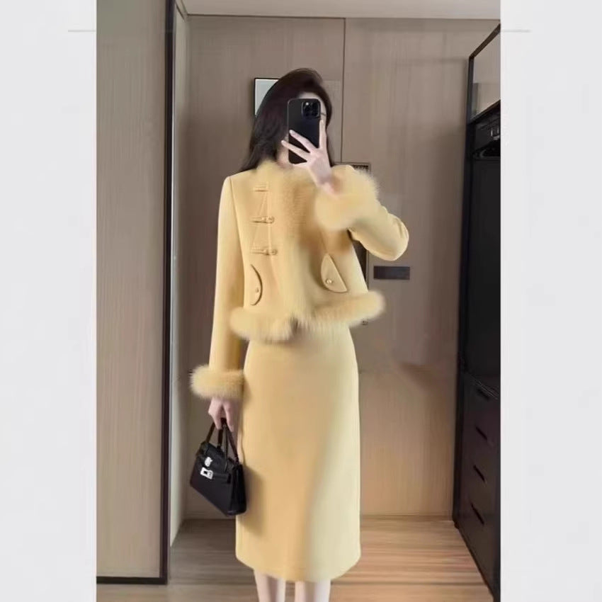 Yellow Wool Coat And Skirt Set Extra Thick