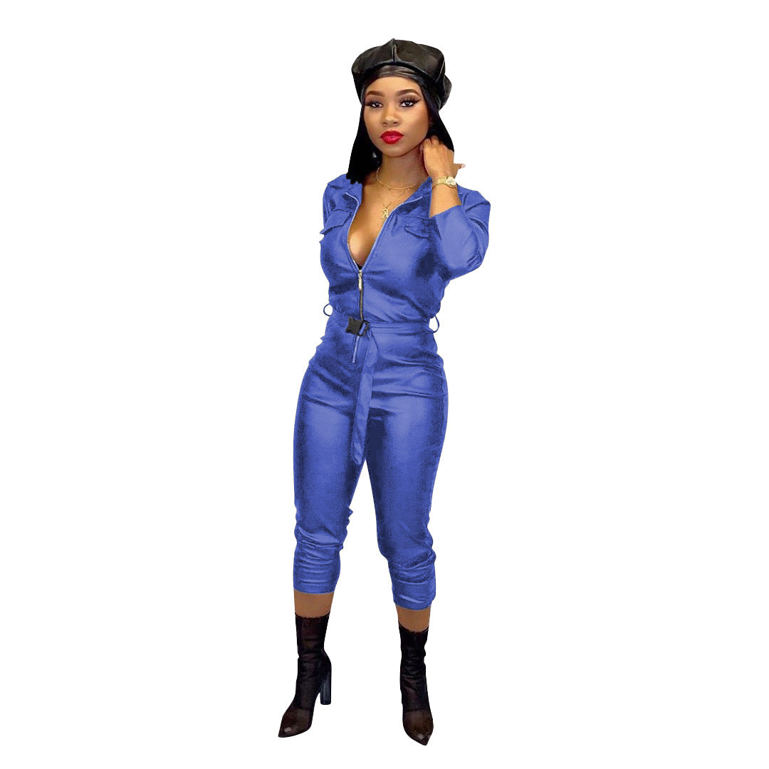 Women's Casual Fashion Solid Color High Elastic Leather Jumpsuit