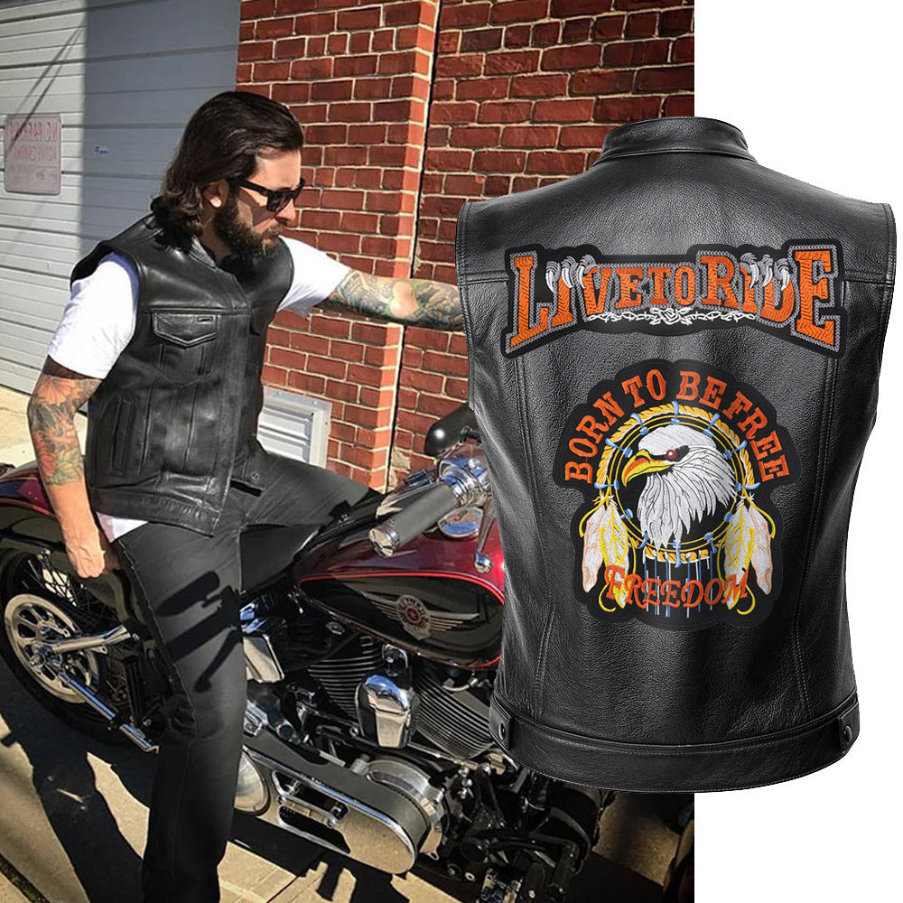 Casual Vest Embroidered Pattern Leather Black