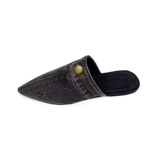 European And American Washed Denim Flat Closed Toe Slippers Women