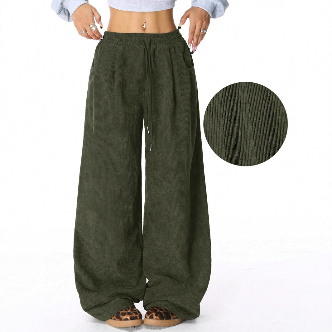 European And American Idle Style High Waist Casual Draping Effect Drawstring Wide Leg Pants