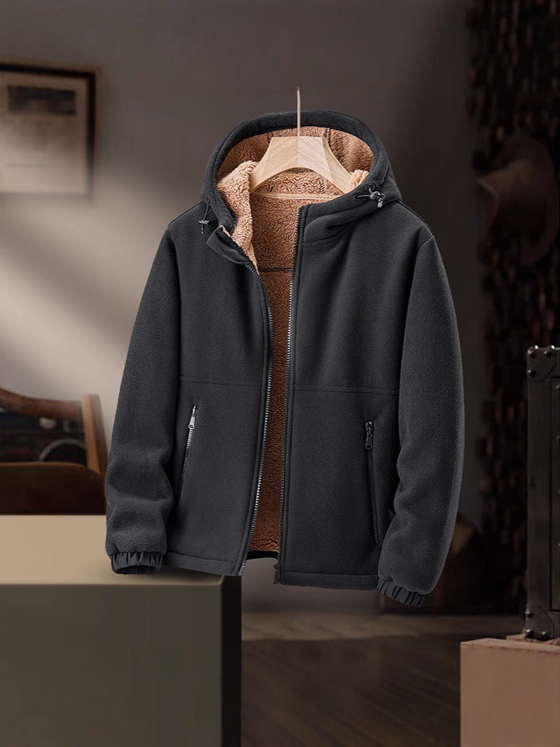 Men's Fleece Casual Hooded Lamb Wool Thickened Warm Cardigan Coat