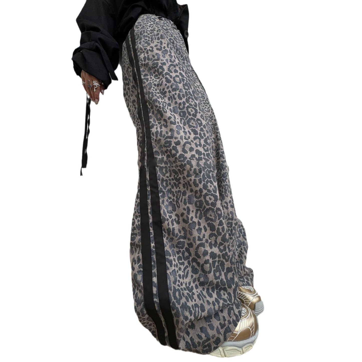 Leopard Print Mop Pants Women's Retro Side Striped Loose Wide-leg Pants