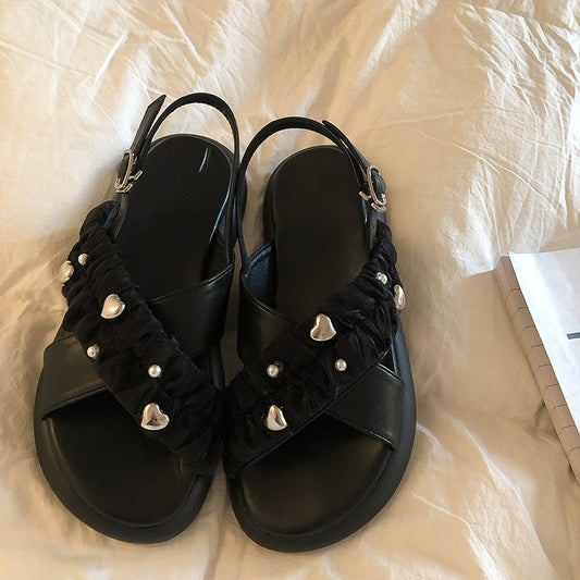 Flat French Black Thick Sole Roman Women's Sandals