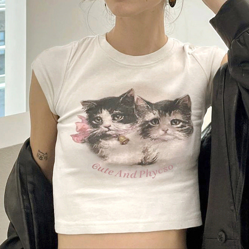 European And American Women's New Casual Round Neck Cute Cat Print Top