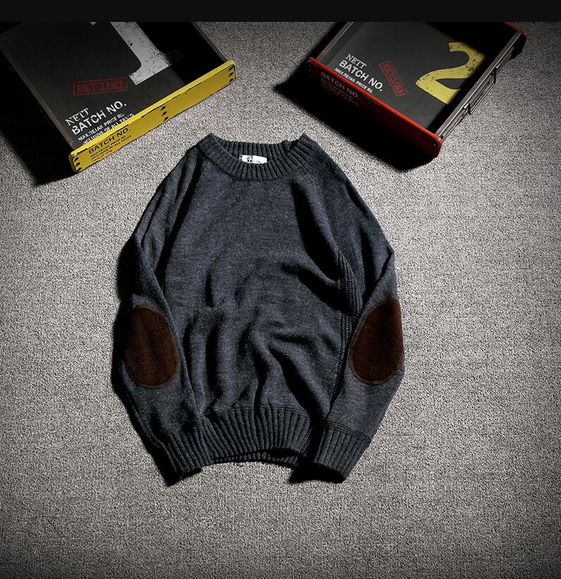 Men's Knitwear Solid Color Patch Handsome Student Crewneck Sweater