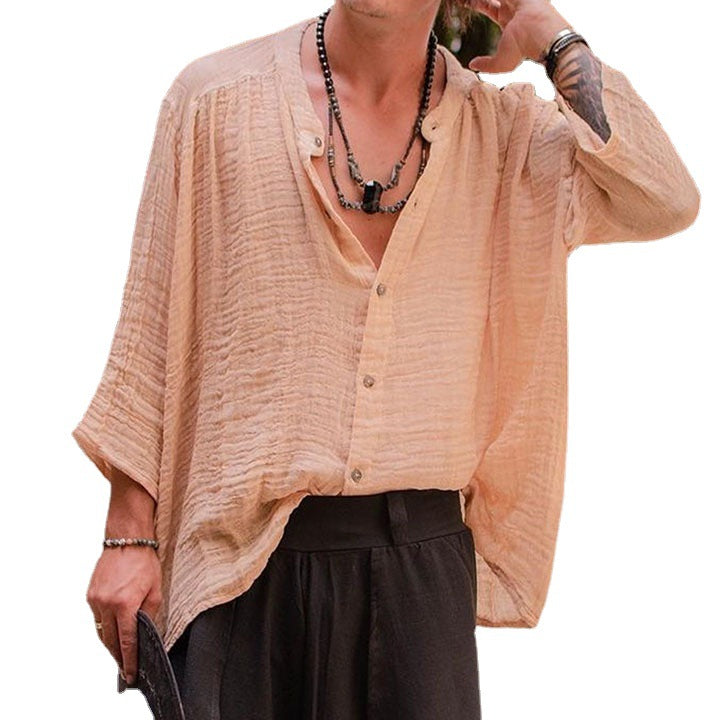 Solid-color Cotton-linen Shirt Mens Long-sleeve Shirt