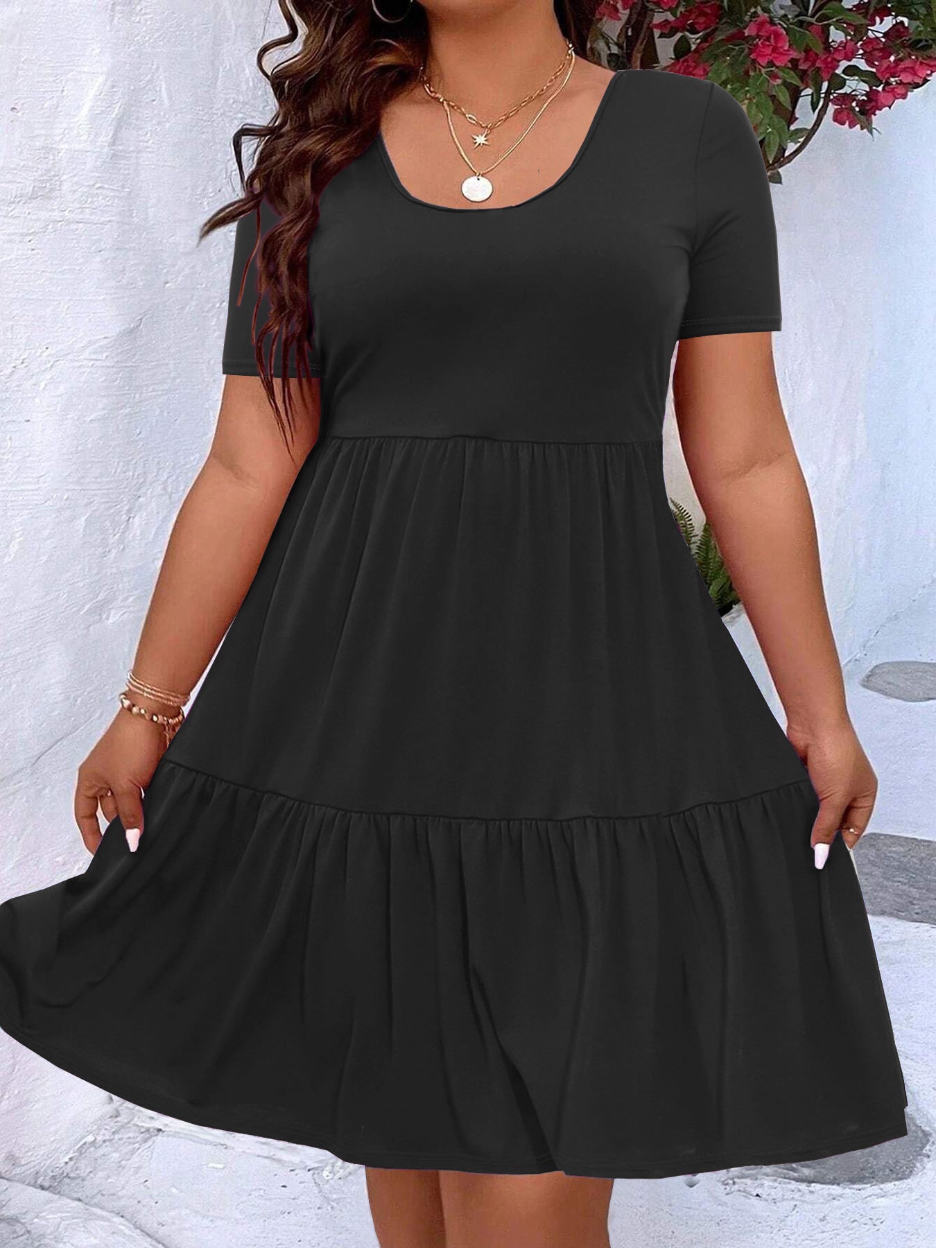 Plus-size Womens Pleated Solid-color Crewneck Dress