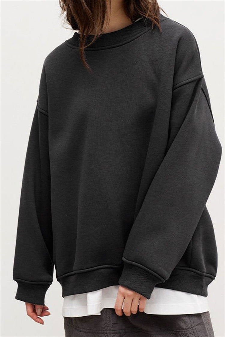 Solid-color Crew-neck Loose-fitting Pullover Hoodie