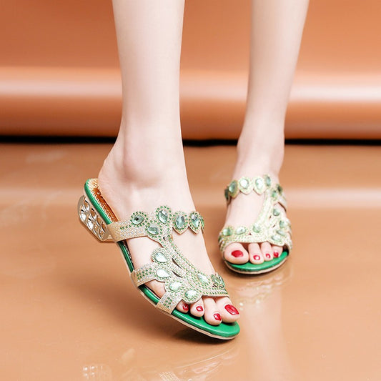 Women's Fashionable All-match Low Heel Rhinestone Outdoor Slippers