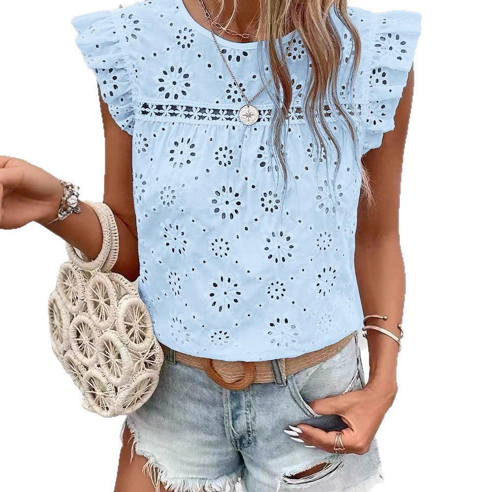 Women's Ruffled Sleeveless T-shirt Fashion Hollowed-out Pullover