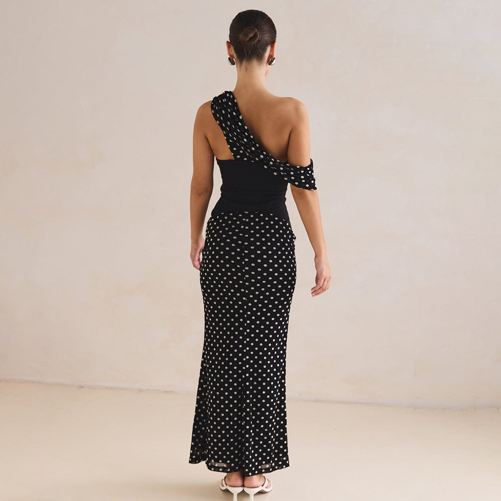 European And American Style Personalized Design Slant-neck Off-shoulder Polka Dot Dress