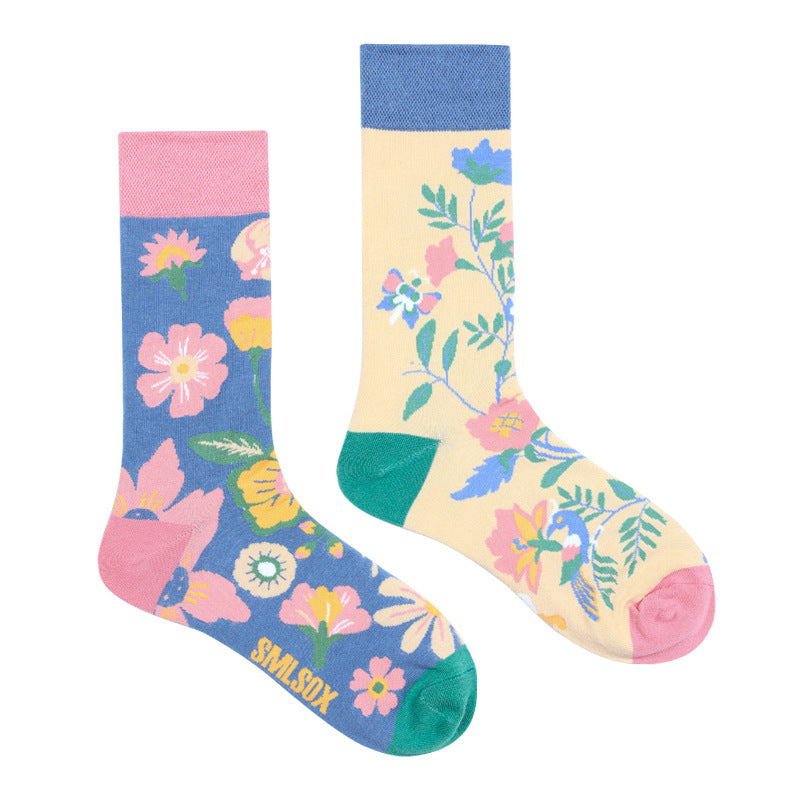Asymmetrical Color Retro Personality Male And Female Couple Mid-length Cotton Socks