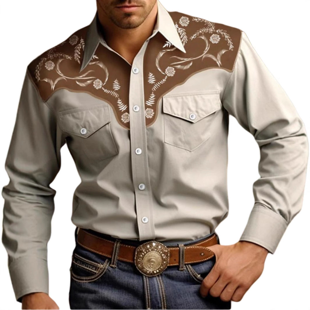 Mens Stylish Western-style Long-sleeve Shirt Top