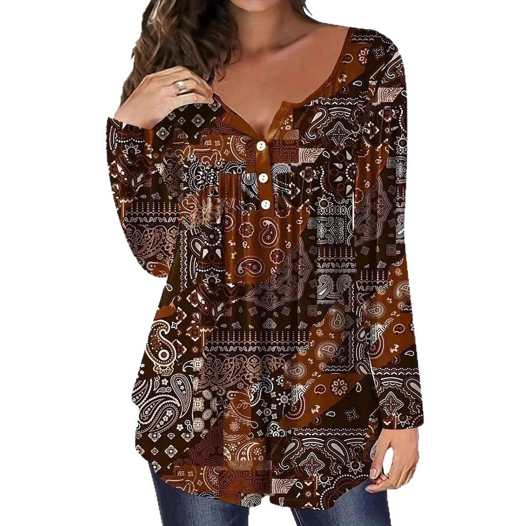 Paisley Mønster Elegant Løs Knap V-hals Top Dame T-shirt