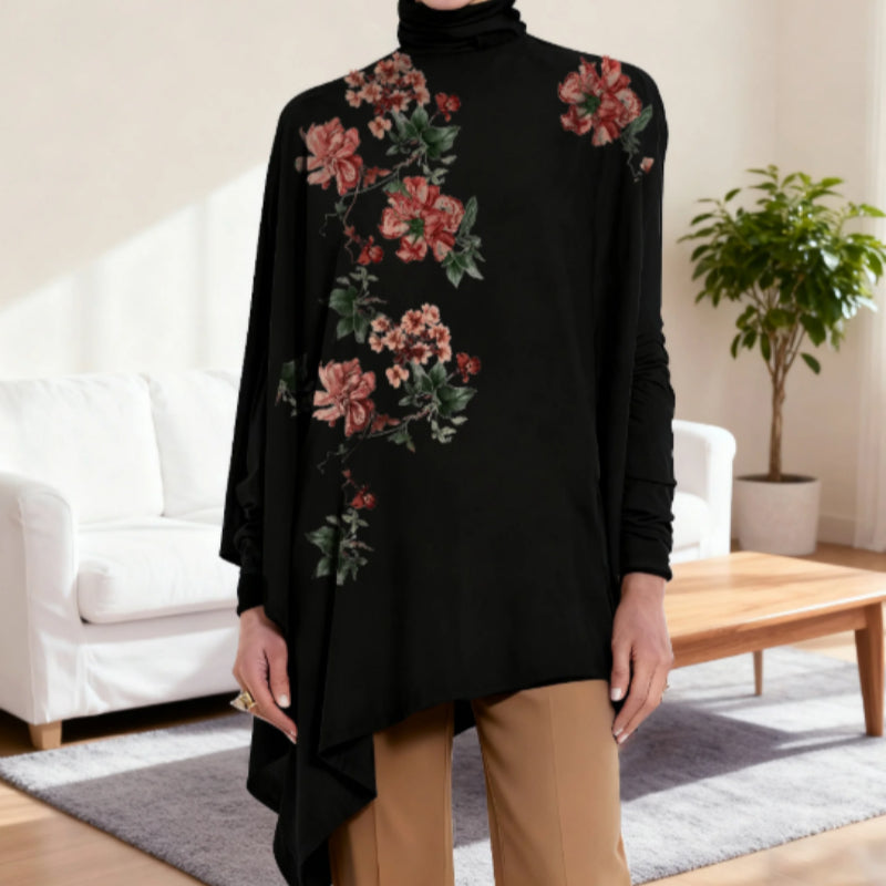 Vintage Floral Print Asymmetric Hem Turtleneck Top