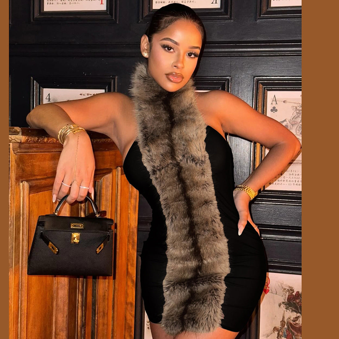 Backless Plush Patchwork Contrasting Color Bodycon Dress