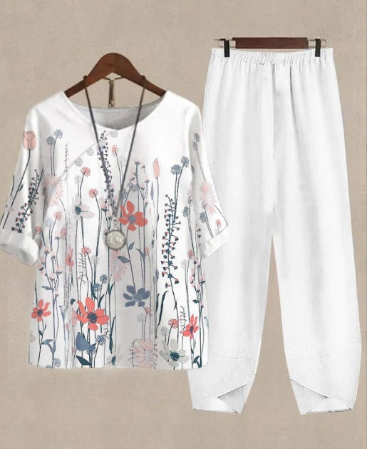 Womens Casual Crew-Neck Cropped-Sleeve Top Set