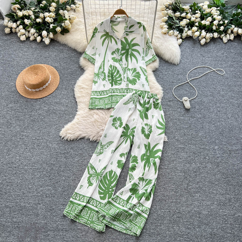 Bohemian-style Printed Short-sleeve Polo-collar Shirt And Wide-leg Pants Set