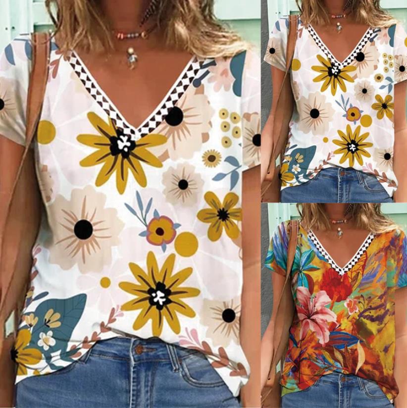 Sommer printet kortærmet V-hals T-shirt til kvinder
