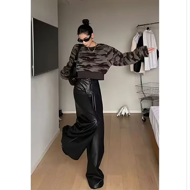High Waist Drooping PU Leather Pants Female