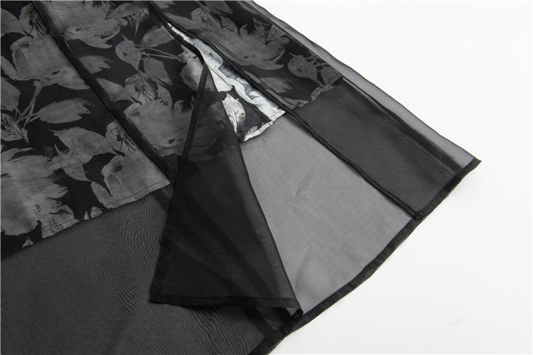 Spring And Summer New Retro High Waist Mesh Floral Print Split Skirt For Women
