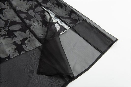 Spring And Summer New Retro High Waist Mesh Floral Print Split Skirt For Women