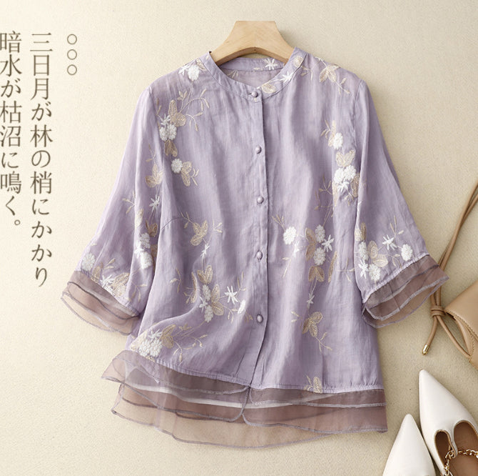 Artistic Retro Heavy Industry Embroidered Cotton And Linen Top