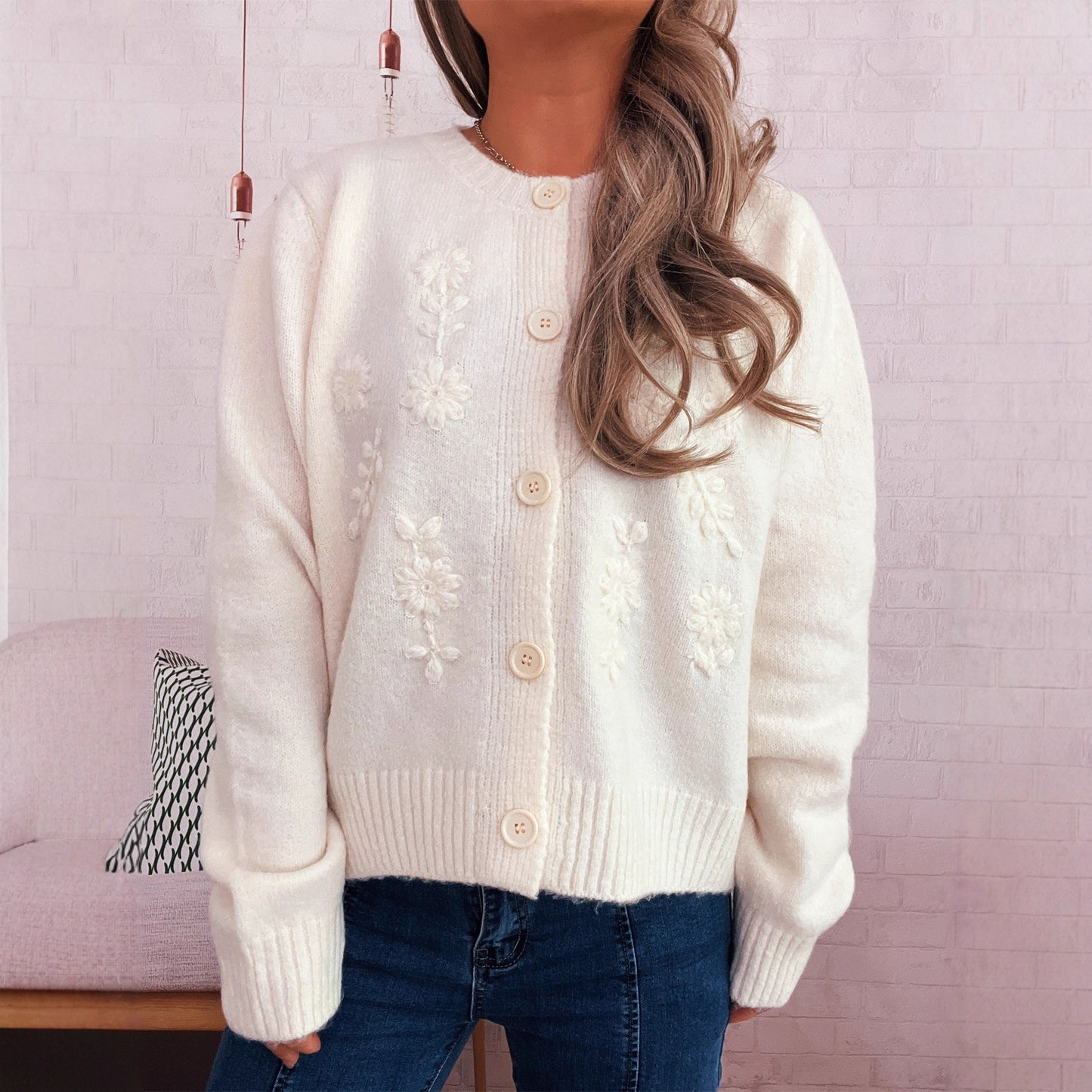 Simple Casual Flower Cardigan Round Neck Long Sleeve Sweater