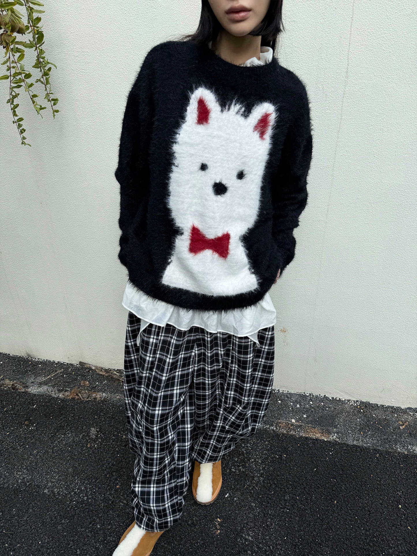 White Red Bow Tie Fur Dog Black Sweater